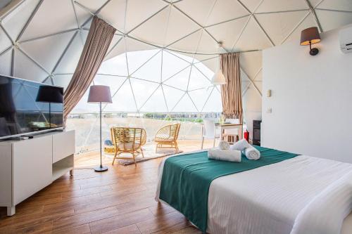 ein Schlafzimmer in einem Kuppelzelt mit einem Bett und einem TV in der Unterkunft Eslanzarote Eco Dome Experience in Teguise