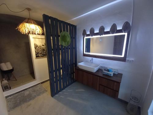 a bathroom with a sink and a mirror at Mamy Cherie in Rodrigues Island