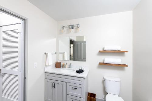 a bathroom with a sink and a toilet and a mirror at Cozy 1BR Close to Fiserv with Parking in Milwaukee