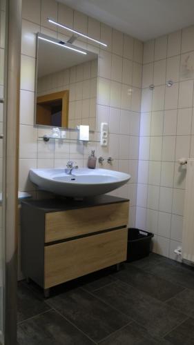 y baño con lavabo y espejo. en Gasthof Hirschenbräu Michel, en Rauhenebrach