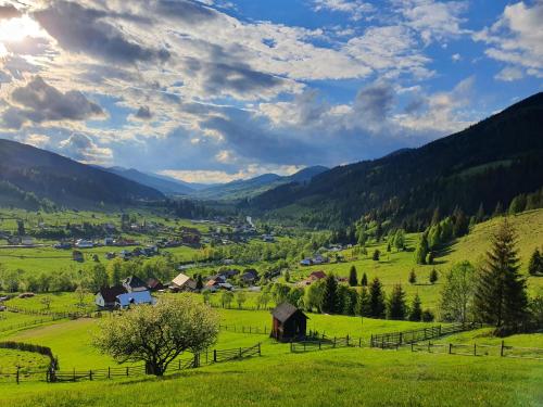 a green valley with a village in the mountains at Casa Aureliana in Ciocăneşti