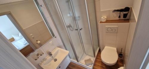 a bathroom with a shower and a toilet and a sink at Pension Haus Waldesblick in Graal-Müritz