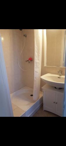 une salle de bain blanche avec une douche et un lavabo dans l'établissement Appartement bord de mer, à Notre-Dame-de-Monts