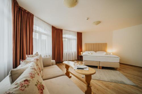 斯皮什新村的住宿－Penzión Kráľov Prameň，客厅配有沙发和1张床