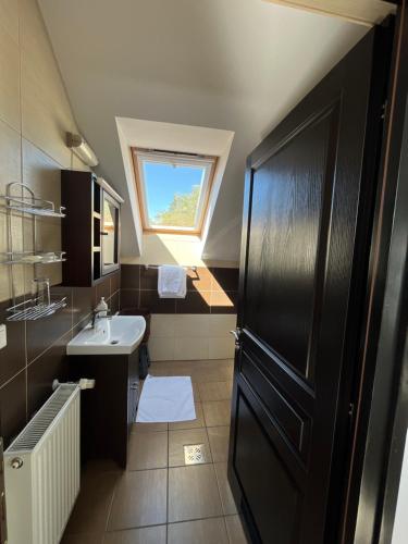 baño con puerta negra, lavabo y ventana en Astoria Hotel & Restaurant, en Gheorgheni
