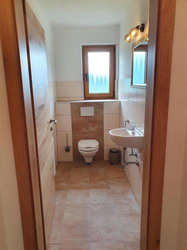 a small bathroom with a toilet and a sink at Zasserlhof Familie Bamberger in Kössen