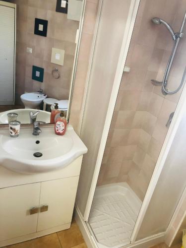 a bathroom with a shower and a sink at La Casetta in Surbo