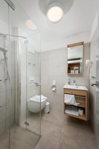 a bathroom with a toilet and a glass shower at Farbinger Hof in Bernau am Chiemsee