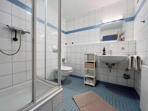 a bathroom with a toilet and a sink and a shower at Ferienwohnung "wiederseen" Objekt ID 13721-1 in Waren