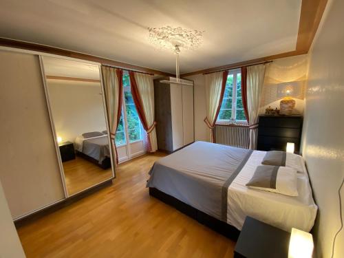 1 dormitorio con 1 cama grande y espejo en Magnifique villa à 5 minutes de Colmar, en Horbourg