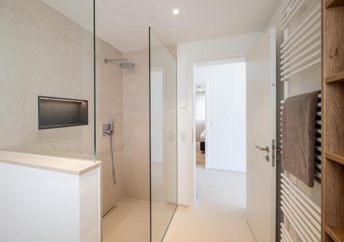 uma casa de banho com um chuveiro e uma porta de vidro em Domizil Relax em Überlingen
