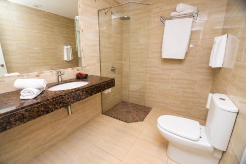 a bathroom with a toilet and a sink and a mirror at Apartamentos Bora Bora - Adults Only in Playa d'en Bossa