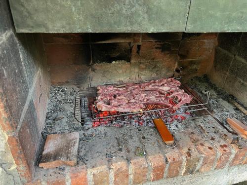 a rack of meat on a grill in a brick oven at Résidence Les Milandes in Cazaubon