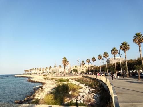 una spiaggia con palme e persone che camminano su un marciapiede di Casa Santa Chiara a Mola di Bari
