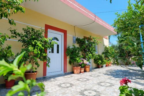 a yellow building with a white door and potted plants at Ilias House in Ksamil