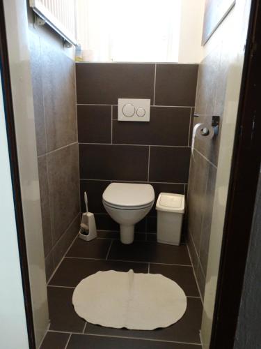 a small bathroom with a toilet and a white rug at Gästehaus Posch in Krimml