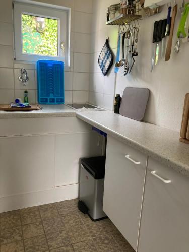 a white kitchen with a counter and a window at Ferienhäuser Vogelsang in Sagard