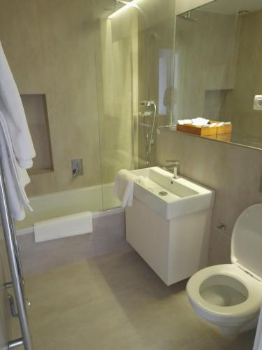 a bathroom with a toilet and a sink and a shower at Erkel Rooftop Suites in Budapest