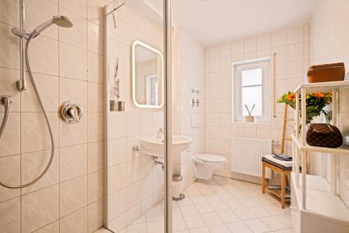 a bathroom with a shower and a sink and a toilet at Ferien-Apartment Auenwald - mit priv Strandzugang in Friedrichshafen