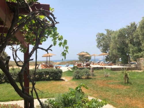 a beach scene with trees and lawn chairs at Acti Plaka Hotel in Plaka