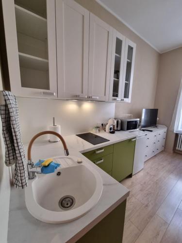 a kitchen with a sink in the middle of it at Cosy one seperate bedroom apartment in city center, perfect for family trip. in Rīga