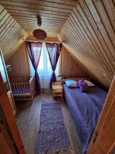 a attic bedroom with a bed and a window at Atpūtas māja STIRNA in Zilāni