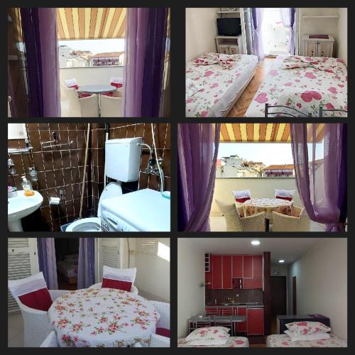 un collage de fotos de una habitación con 2 camas en Sunčani apartman 1-Vila Amfora, en Budva