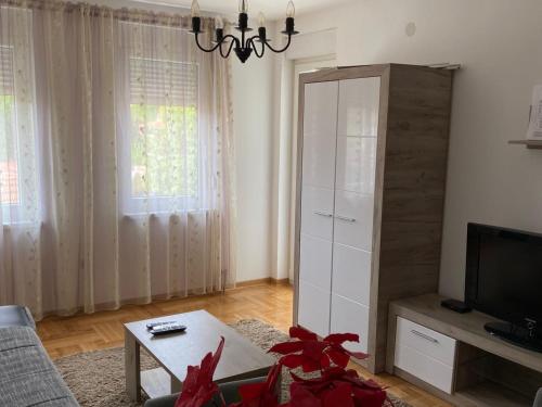 a living room with a large white cabinet and a television at Apartmani CENTAR Vrnjacka Banja & Free Parking in Vrnjačka Banja