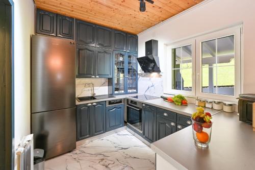 a kitchen with blue cabinets and a stainless steel refrigerator at Jakop Hof in Krapinske Toplice
