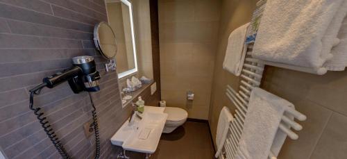 a small bathroom with a toilet and a mirror at Hotel Eremitage in Arlesheim