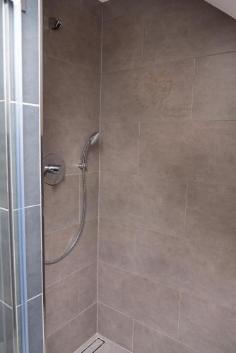 a shower stall with a glass door with a shower head at Apartamenty Home&Spa in Rabka-Zdrój