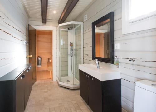 a bathroom with a sink and a mirror and a shower at Mosetertoppen Panorama anneks 1B in Hafjell