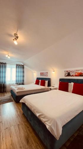 a hotel room with two beds in a room at Vila RAIRA 2 in Barcani