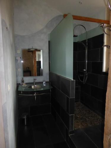 une salle de bain avec un lavabo et une douche dans l'établissement Le Clos de La Pinsonnière, à Vaudelnay