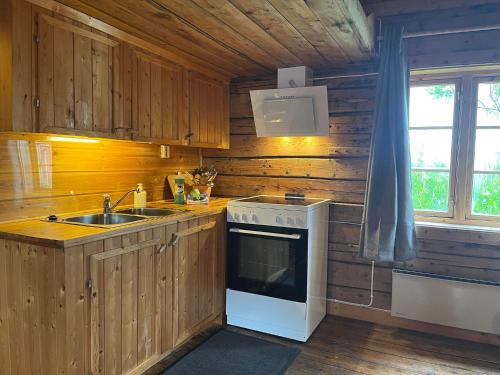 a kitchen with a white stove and a sink at Toppøy Rorbuer in Reine