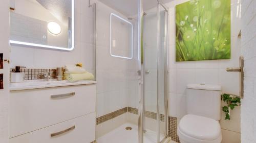 une salle de bain avec toilettes et douche en verre dans l'établissement Le 007 - Charmant studio Perpignan Sud, à Perpignan