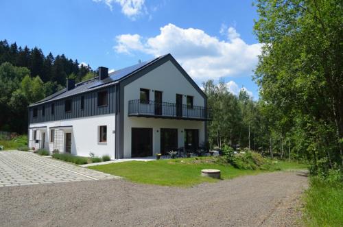 Cette grande maison blanche possède de nombreuses fenêtres. dans l'établissement Willa Na Pstrążnicy, à Kudowa-Zdrój