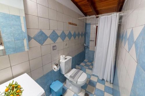 niebiesko-biała łazienka z toaletą i prysznicem w obiekcie ELIZABETH by Antigone w mieście Halikounas