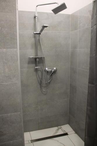 a shower with a shower head in a bathroom at Castellum Apartman in Keszthely