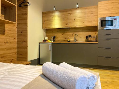 a kitchen with a bed and a sink at Apartamenty 41 in Poznań