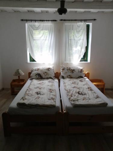 Szentmária Vendégház في Tarnaszentmária: سريرين في غرفة نوم مع نافذة