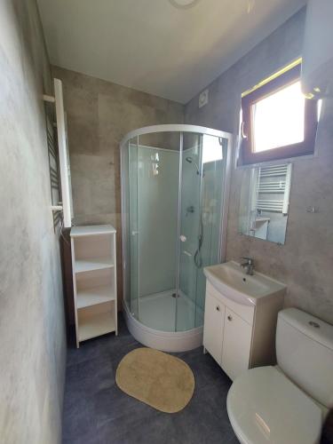 ein Bad mit einer Dusche, einem WC und einem Waschbecken in der Unterkunft Rodzinna Przystań in Jarosławiec