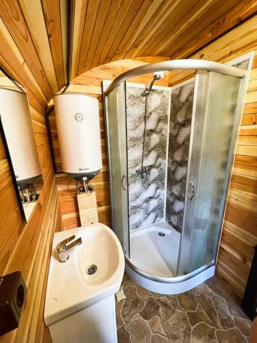 a bathroom with a shower and a toilet and a sink at Карамановите къщи in Apriltsi