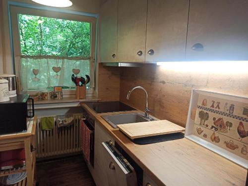 un bancone della cucina con lavandino e finestra di Ferienwohnung Lilly a Garmisch