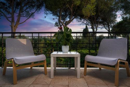 two chairs and a table with a plant on a balcony at Filios Villa in Zakynthos