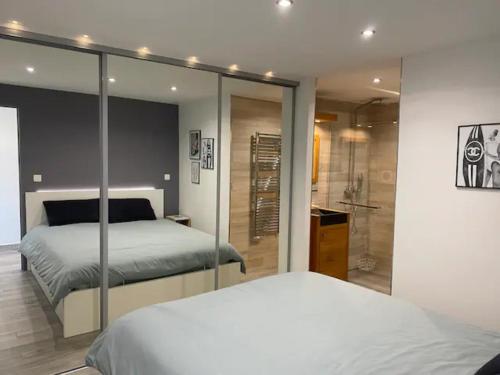 1 dormitorio con 1 cama, ducha, 1 cama y bañera en LE PLEIN SUD A DEUX PAS DE LA PLAGE, en Saint-Cyr-sur-Mer