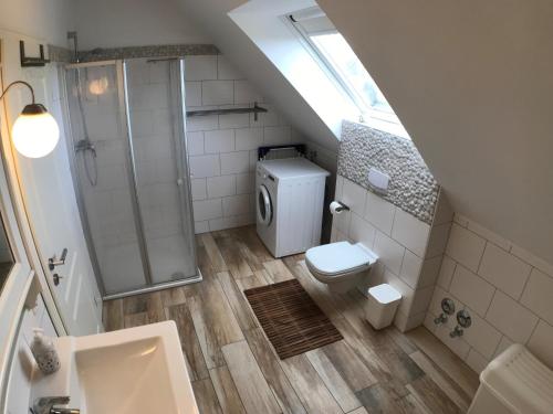 an attic bathroom with a toilet and a shower at Kinderfreundliche Ferienwohnung NEMO für 6 Personen in Burg auf Fehmarn