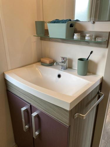 a bathroom with a sink and a mirror at Cosy Lili - Mobilhome MANDARINE - Proche océan in Saint-Georges-de-Didonne
