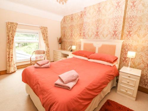 ein Schlafzimmer mit einem Bett mit zwei Kissen darauf in der Unterkunft Dinas Farmhouse Annex in Caernarfon