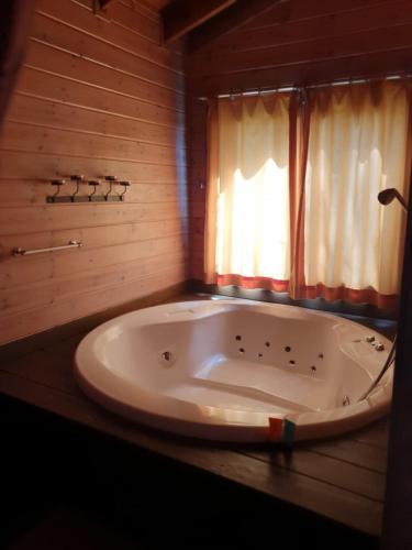 bañera grande en una habitación con ventana en Pine Tree Cabin, en Ramot